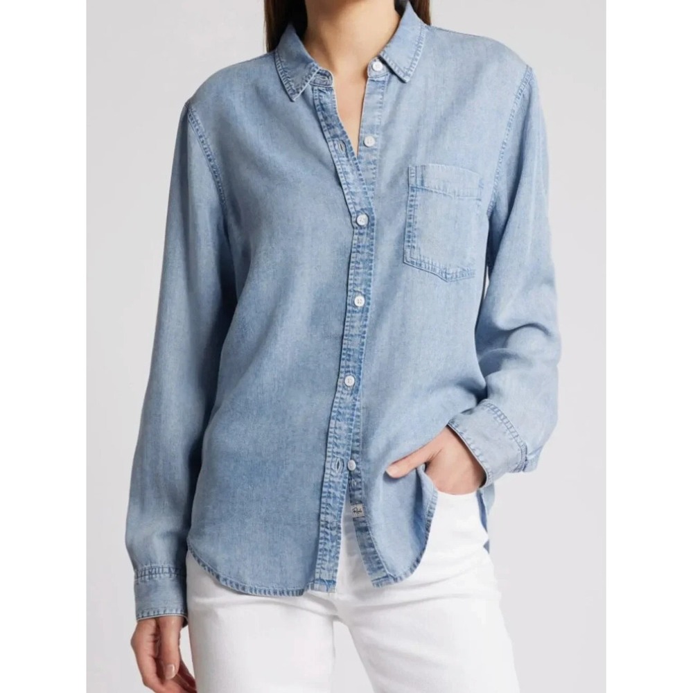 Rails Womens Ingrid Light Vintage Tencel Lyocell Button Down Shirt Blue XS